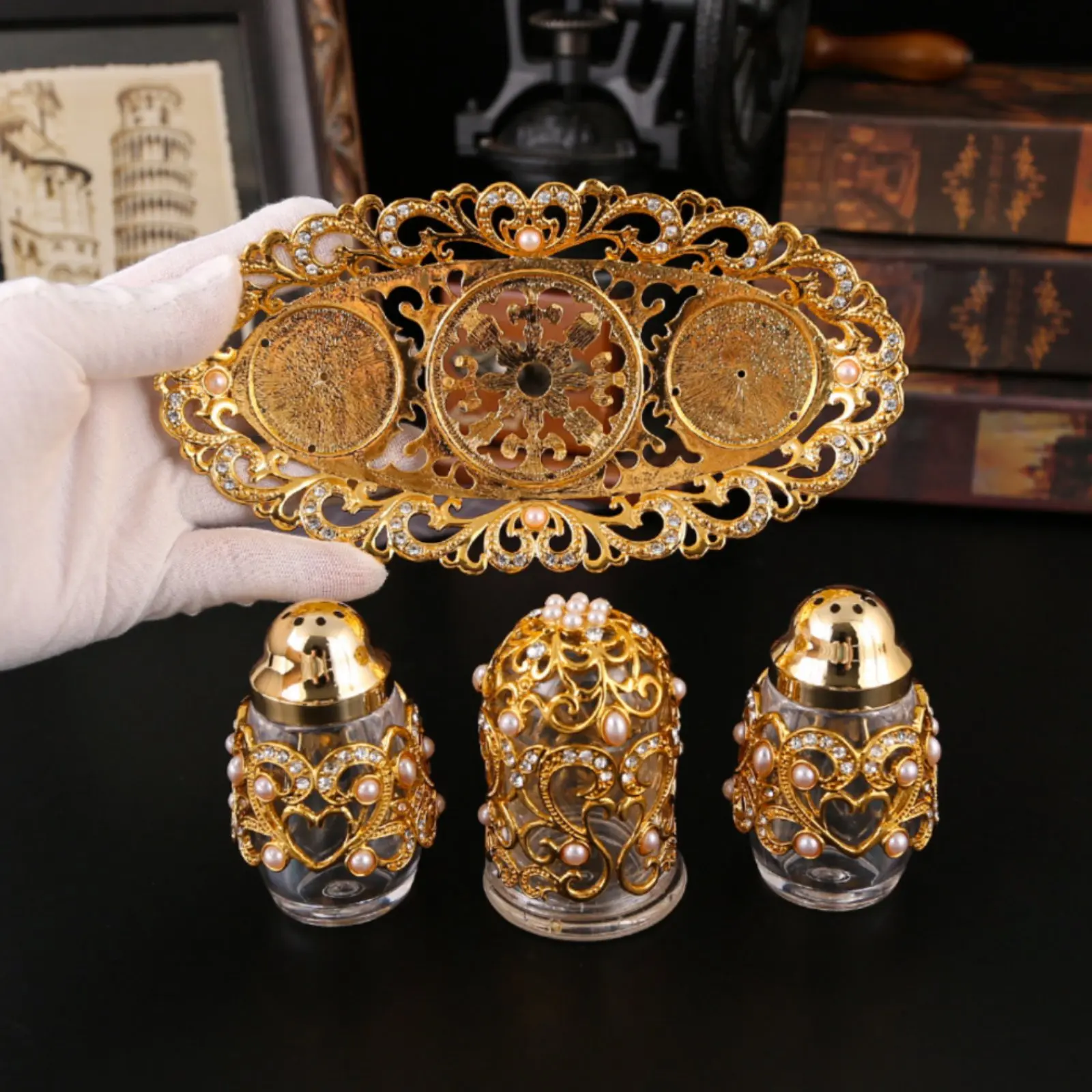 3 Pieces Filigree Condiment Set Gold-Colored Glass Condiment Jars Heart Accent Faux Pearl Accents
3 Pieces Filigree Condiment Set Gold-Colored Glass Condiment Jars Heart Accent Faux Pearl Accents