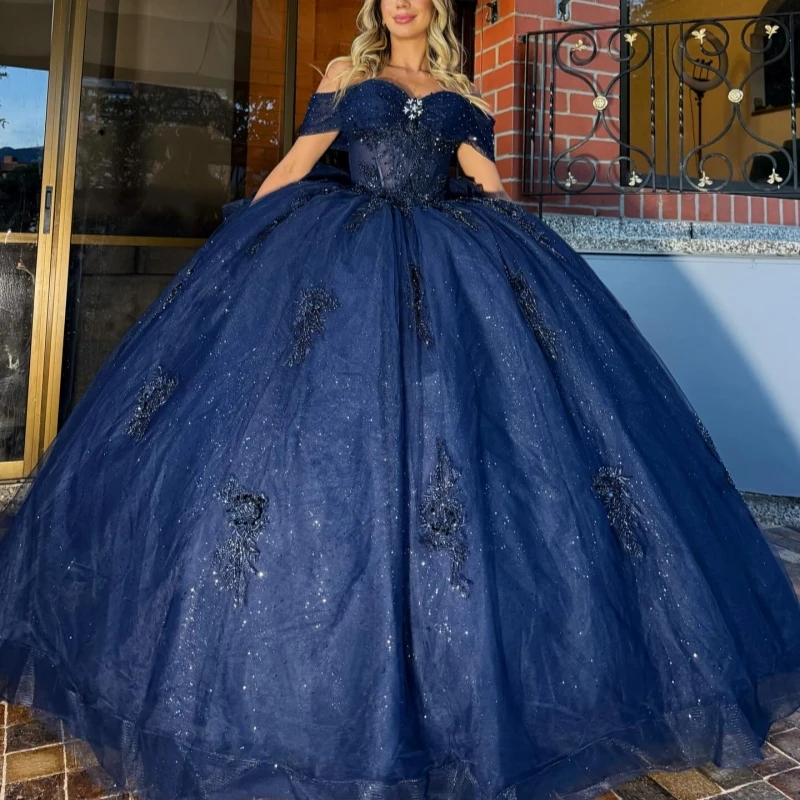 Navy Blue Shiny Ball Gown Quinceanera Dresses Off The Shoulder Applique Lace Bow Beads Tull Party Birthday Sweet 16 Dress Vestid 
Navy Blue Shiny Ball Gown Quinceanera Dresses Off The Shoulder Applique Lace Bow Beads Tull Party Birthday Sweet 16 Dress Vestid