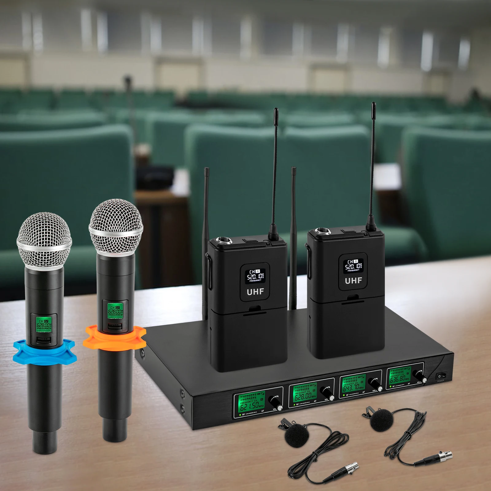 Wireless Microphone System, 2 Handheld Mics, 2 Lapel Mics, 4 Channels, Fixed frequency, Ideal for Speaking Conference Wedding
Wireless Microphone System, 2 Handheld Mics, 2 Lapel Mics, 4 Channels, Fixed frequency, Ideal for Speaking Conference Wedding
