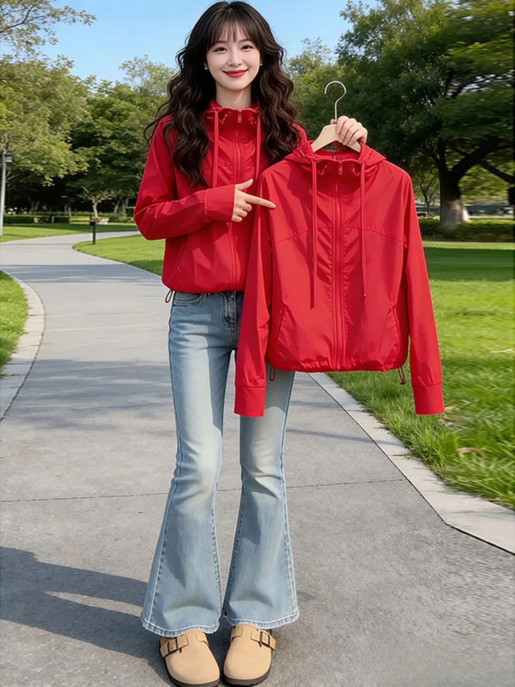 American Red Hooded Drawstring Women's Outerwear Spring Autumn New Design Breathable Workwear Sun Protection Coat
American Red Hooded Drawstring Women's Outerwear Spring Autumn New Design Breathable Workwear Sun Protection Coat