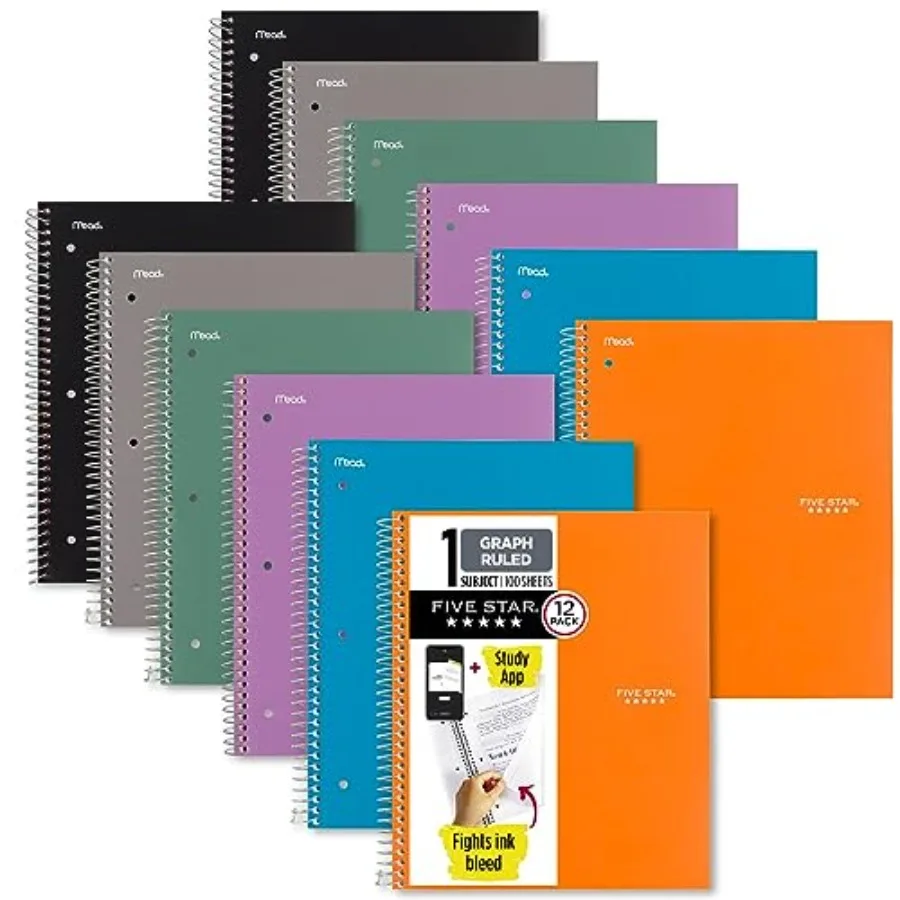 Spiral Notebook + Study App, 12 Pack, 1 Subject, Graph Ruled Paper, 8-1/2" x 11", 100 Sheets, Purple, Orange, Green, Blue, Gray
Spiral Notebook + Study App, 12 Pack, 1 Subject, Graph Ruled Paper, 8-1/2" x 11", 100 Sheets, Purple, Orange, Green, Blue, Gray