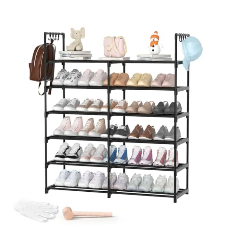 2Row 6Tier Shoe Rack Black Metal Stackable Shoe Shelf with Multifunctional Hooks Hold 2430 Pairs Space Saving Shoes Organizer f
2Row 6Tier Shoe Rack Black Metal Stackable Shoe Shelf with Multifunctional Hooks Hold 2430 Pairs Space Saving Shoes Organizer f