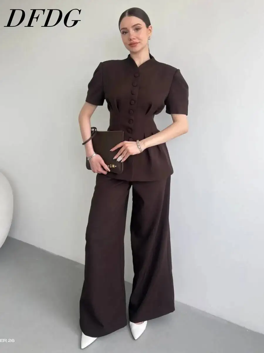 DFDG Women 2026 Spring Summer Chinese Style Two Piece Mandarin Collar Puff Sleeve Button Fitted Top Wide Leg Pants Office Set
DFDG Women 2026 Spring Summer Chinese Style Two Piece Mandarin Collar Puff Sleeve Button Fitted Top Wide Leg Pants Office Set