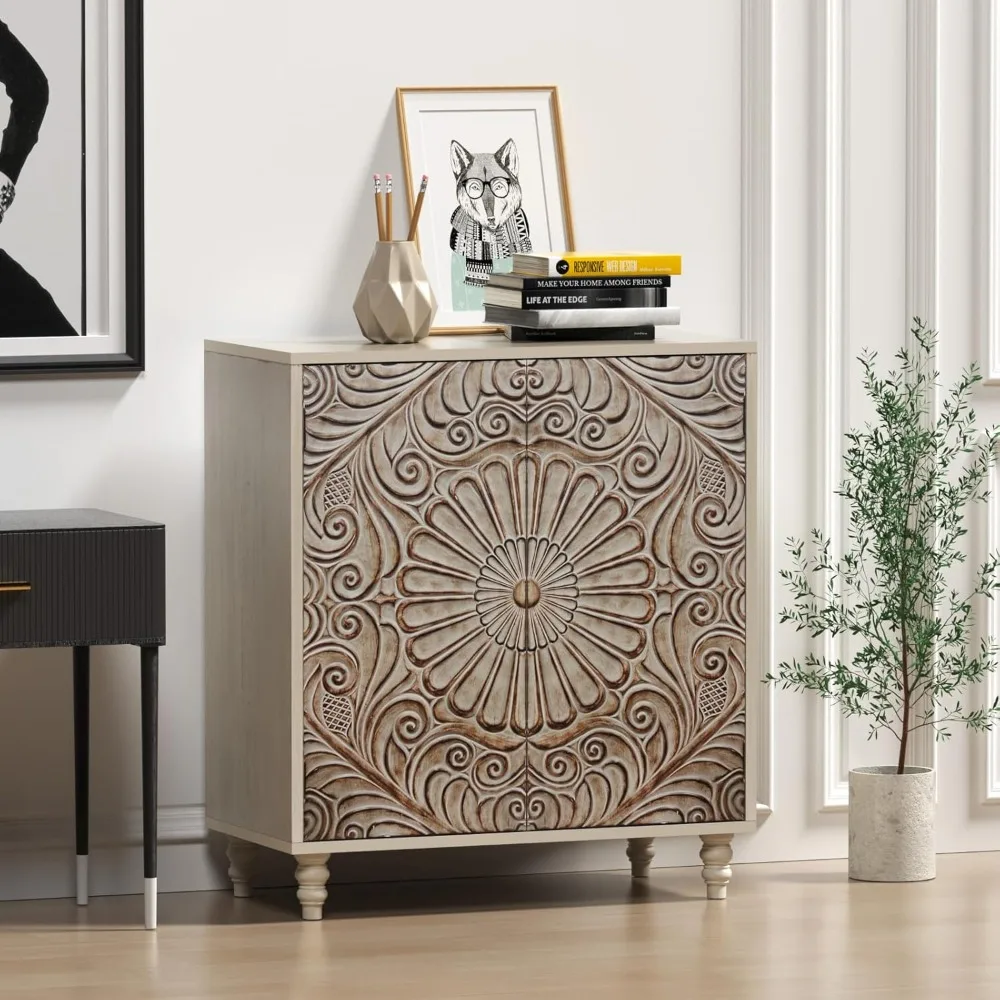 Accent Cabinet, Distressed Storage Cabinet with 2 Carved Doors, Mid Century Modern Cabinet with Storage Shelves for Livi
Accent Cabinet, Distressed Storage Cabinet with 2 Carved Doors, Mid Century Modern Cabinet with Storage Shelves for Livi