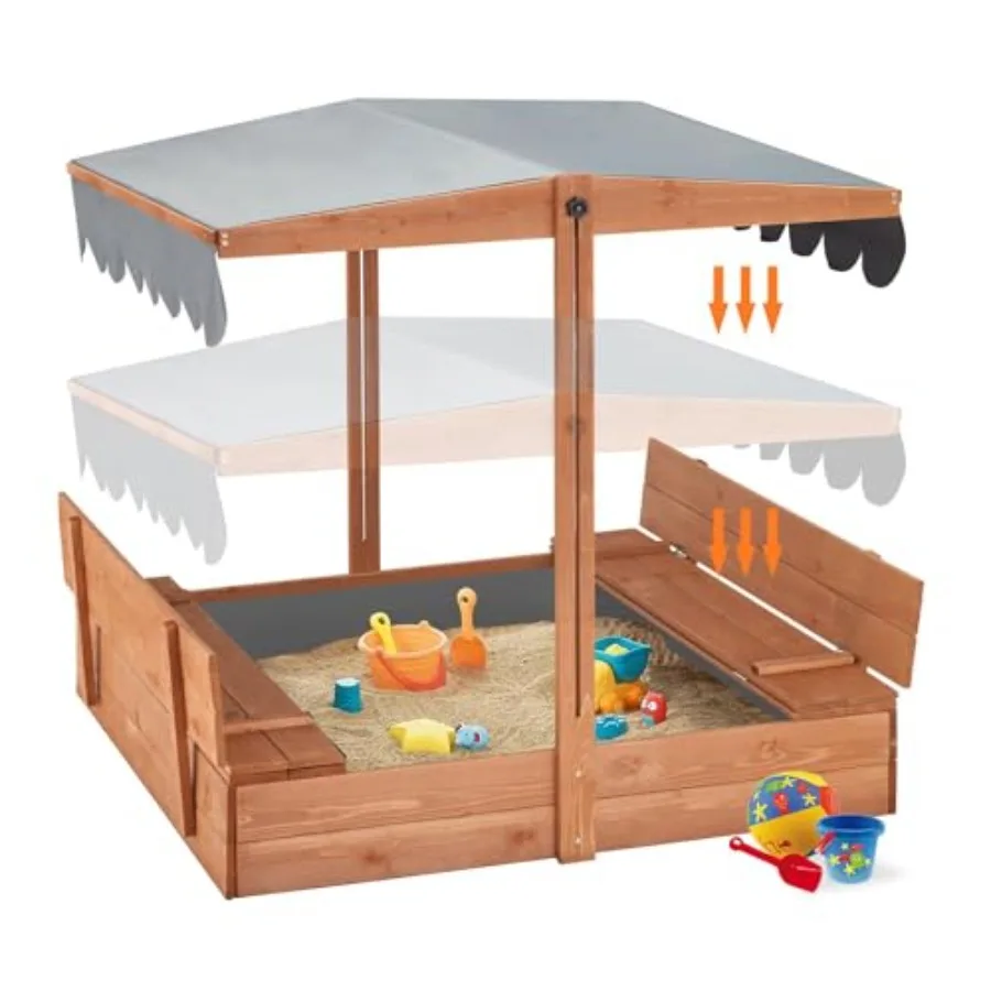 Outdoor wooden sandbox with lid for kids ages 2-8 natural wood finish UV-resistant adjustable roof foldable benches bottom line
Outdoor wooden sandbox with lid for kids ages 2-8 natural wood finish UV-resistant adjustable roof foldable benches bottom line