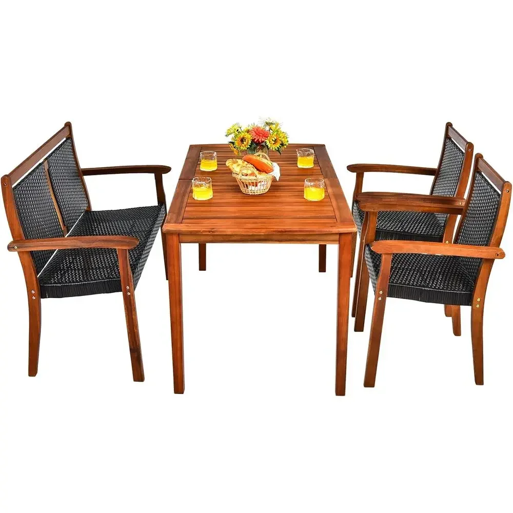 Space-Saving Outdoor PE Rattan 4-Piece Patio Dining Set with Acacia Wood Table and Umbrella Hole
Space-Saving Outdoor PE Rattan 4-Piece Patio Dining Set with Acacia Wood Table and Umbrella Hole