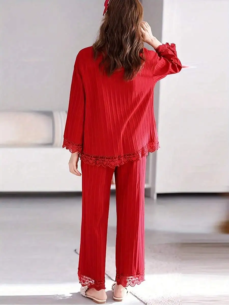 Red Lace Trim Pajama Set Women Long Sleeve Autumn Winter Casual Home Wear
Red Lace Trim Pajama Set Women Long Sleeve Autumn Winter Casual Home Wear