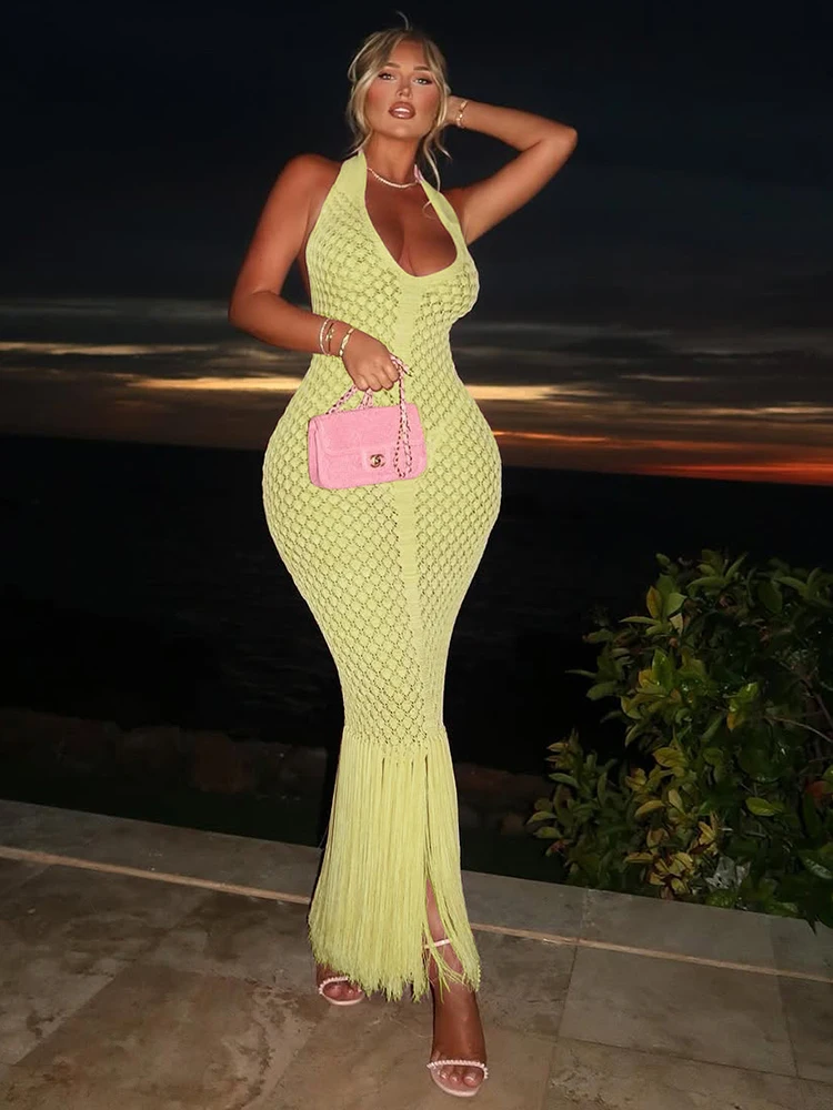 Macheda Crochet Backless Maxi Dress Women Halter Low-Neck Splits Ruched Tassels Vacation Beach Party Elegant Skinny Vestidos
Macheda Crochet Backless Maxi Dress Women Halter Low-Neck Splits Ruched Tassels Vacation Beach Party Elegant Skinny Vestidos