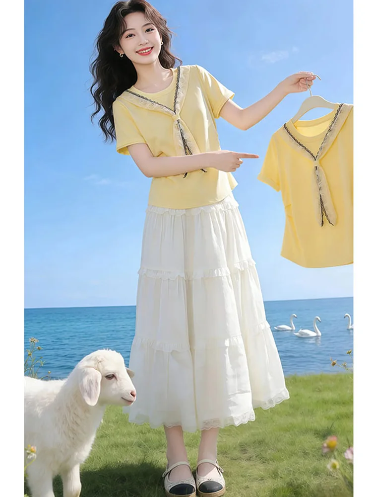 Lace Shoulder Wrap Yellow Short Sleeve Women's T-Shirt Summer New Design Unique Beautiful Top Casual Style Loose Fit Breathable
Lace Shoulder Wrap Yellow Short Sleeve Women's T-Shirt Summer New Design Unique Beautiful Top Casual Style Loose Fit Breathable