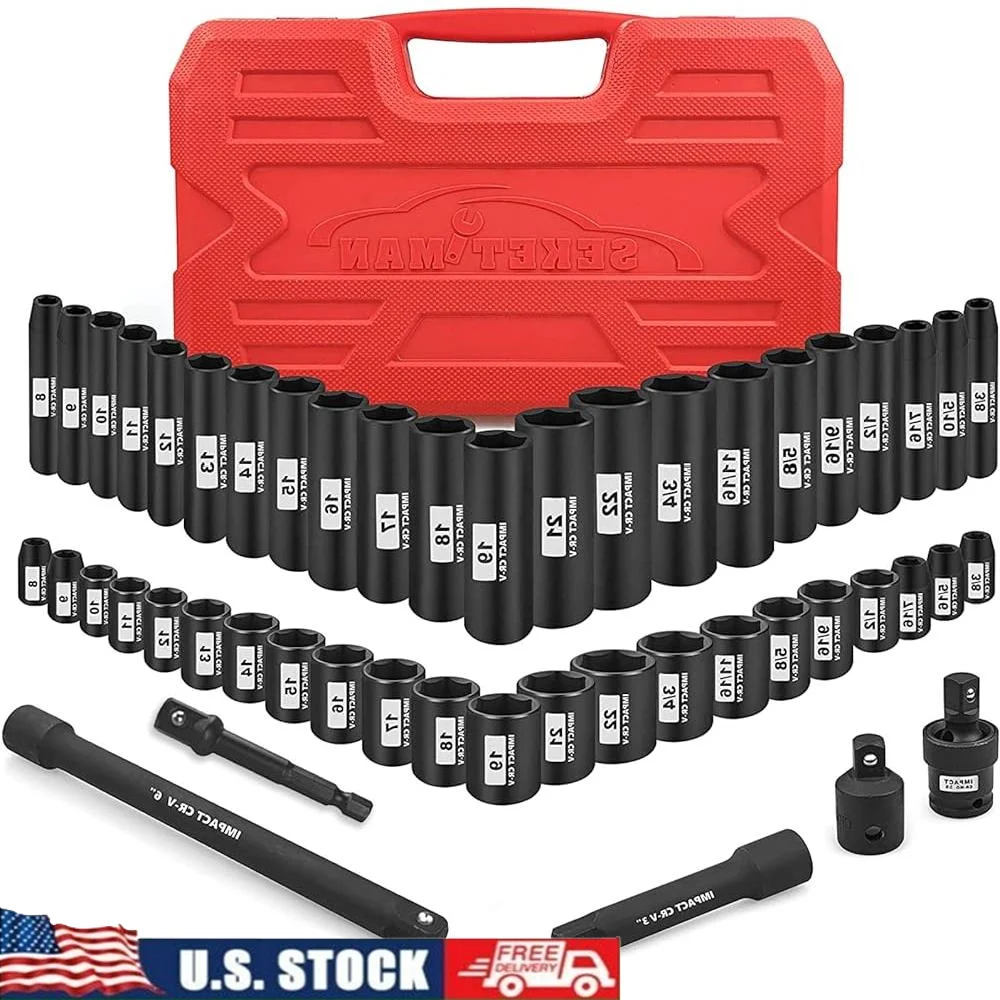 49 Pieces Impact Socket Set 3/8 Inch Drive Deep Shallow SAE Metric 6 Point CR-V Steel Extension Bars Adapters Storage Case
49 Pieces Impact Socket Set 3/8 Inch Drive Deep Shallow SAE Metric 6 Point CR-V Steel Extension Bars Adapters Storage Case