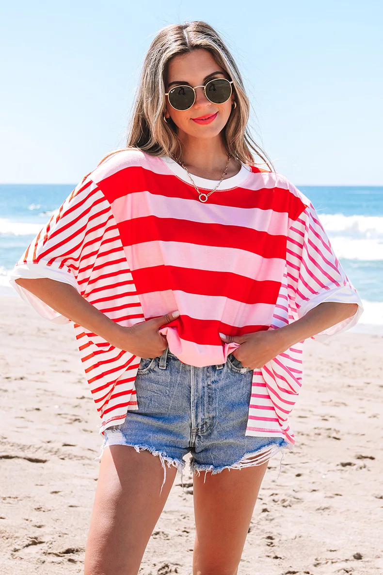 Casual Loose Oversize Round Neck Pullover For Women 2025 Summer New Striped Color Matching Short-sleeved T-shirt Tops
Casual Loose Oversize Round Neck Pullover For Women 2025 Summer New Striped Color Matching Short-sleeved T-shirt Tops