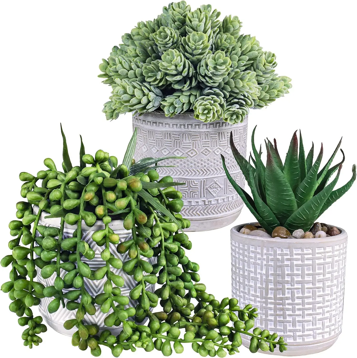 Set of 3 Small Artificial Potted Succulent Plants Fake Aloe String of Pearls Hops in Gray Concrete Ceramic Pots for Modern Home
Set of 3 Small Artificial Potted Succulent Plants Fake Aloe String of Pearls Hops in Gray Concrete Ceramic Pots for Modern Home
