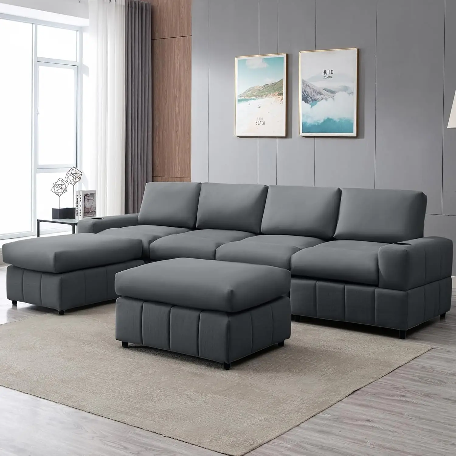 Convertible Sectional Sofa, Leather L Shaped Couch with Reversible Ottomans, Modular U-Shaped Sectional Couches with Cup Holder
Convertible Sectional Sofa, Leather L Shaped Couch with Reversible Ottomans, Modular U-Shaped Sectional Couches with Cup Holder