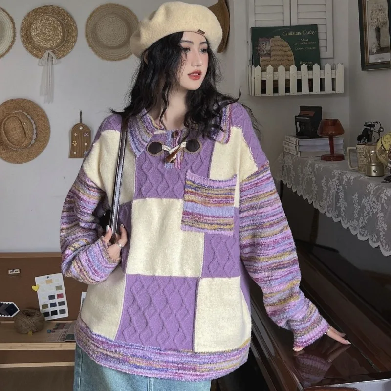 Autumn Korean Pullovers Women Plaid Splicing Color Collision Knitted Sweater Office Lady Loose Polo-neck Long Sleeve Tops Female
Autumn Korean Pullovers Women Plaid Splicing Color Collision Knitted Sweater Office Lady Loose Polo-neck Long Sleeve Tops Female