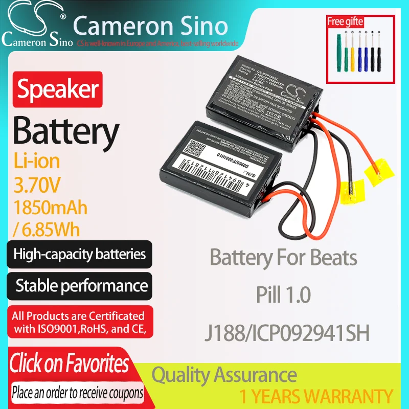 CameronSino Battery for Beats Pill 1.0 fits Beats J188/ICP092941SH Speaker Battery 1850mAh/6.85Wh 3.70V Li-ion Black
CameronSino Battery for Beats Pill 1.0 fits Beats J188/ICP092941SH Speaker Battery 1850mAh/6.85Wh 3.70V Li-ion Black