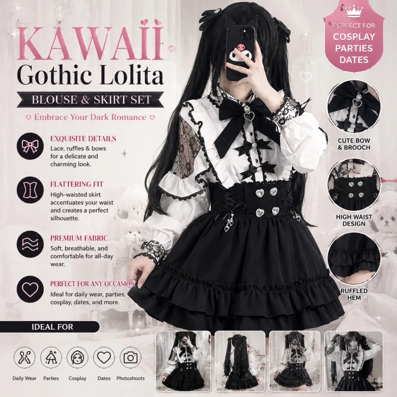 Japanese Y2K Gothic Lolita Two Piece Set Black White Lace High Waist Ruffled Mini Skirt Slimming Outfit Teen Girls Autumn Gift
Japanese Y2K Gothic Lolita Two Piece Set Black White Lace High Waist Ruffled Mini Skirt Slimming Outfit Teen Girls Autumn Gift