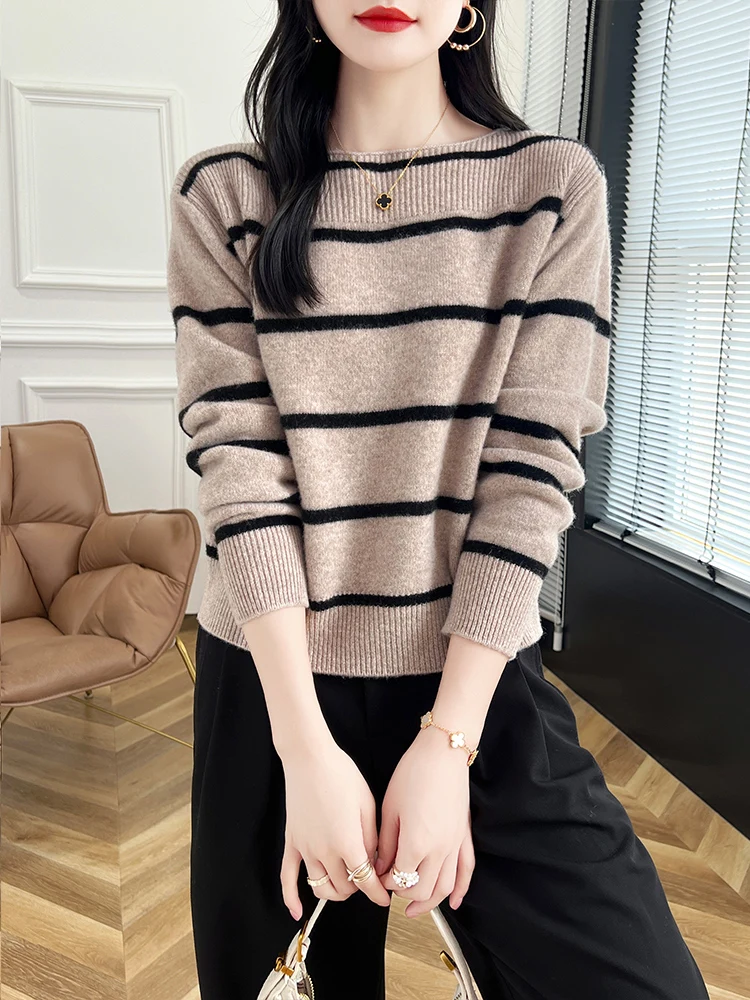 New Fashion Autumn Winter Women 100% Merino Wool Sweater O-Neck Striped Knitted Pullover Casual Soft Loose Cashmere CLothing Top
New Fashion Autumn Winter Women 100% Merino Wool Sweater O-Neck Striped Knitted Pullover Casual Soft Loose Cashmere CLothing Top