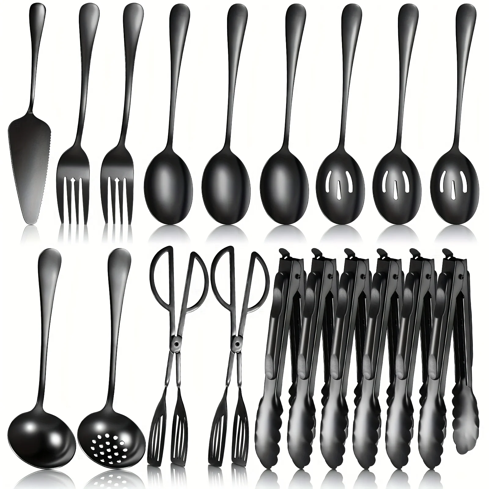 19pcs Serving Flatware Set for Party Favors, Featuring Stainless Steel Spatulas, Forks, Spoons, Perforated Soup Skimmers, Buffet Tongs, And Heavy-Duty Serving Tongs, Available in Black for Home Use
19pcs Serving Flatware Set for Party Favors, Featuring Stainless Steel Spatulas, Forks, Spoons, Perforated Soup Skimmers, Buffet Tongs, And Heavy-Duty Serving Tongs, Available in Black for Home Use