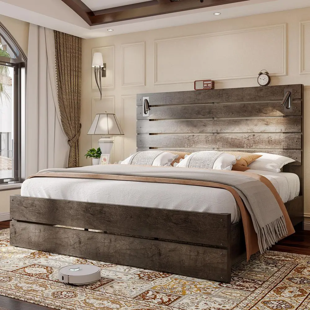 Queen Size Farmhouse Bed Frame with 51 Barn Door Headboard, LED Reading Lights, Platform Bed Frame with Wood Slats, Under Bed S
Queen Size Farmhouse Bed Frame with 51 Barn Door Headboard, LED Reading Lights, Platform Bed Frame with Wood Slats, Under Bed S