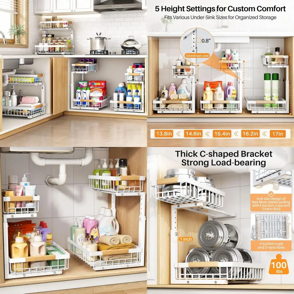 2-Tier Adjustable Height Pull-Out Under-Sink Organizer, Thickened Metal Storage for Kitchen, Bathroom, and Pantry, White
2-Tier Adjustable Height Pull-Out Under-Sink Organizer, Thickened Metal Storage for Kitchen, Bathroom, and Pantry, White