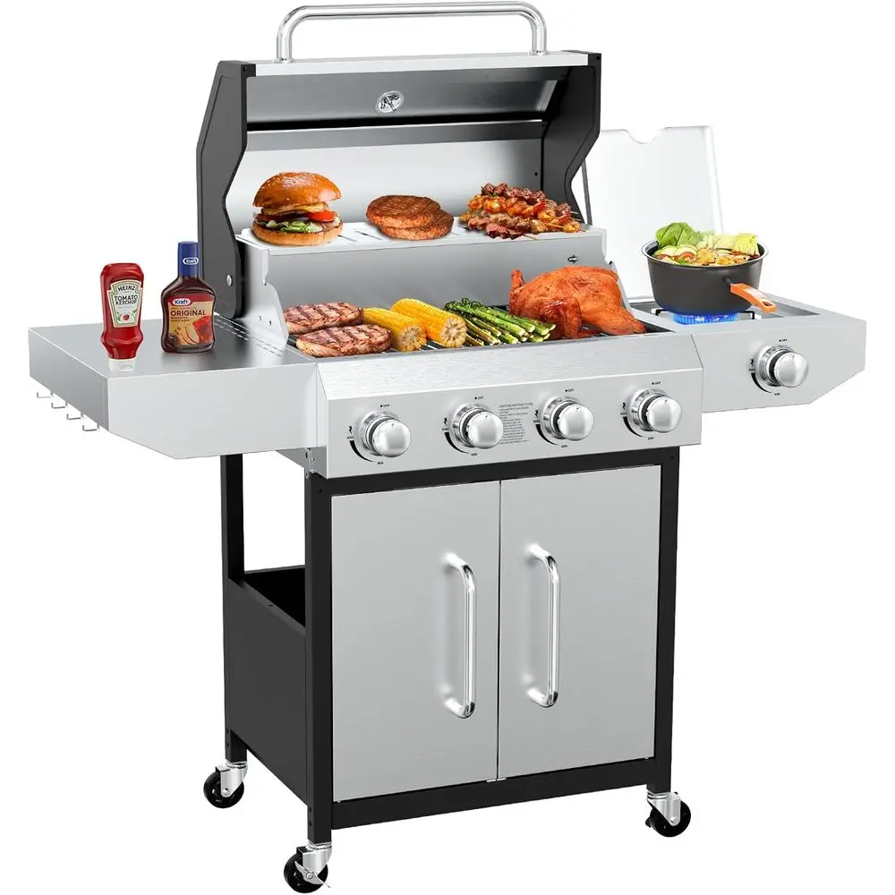 60,000 BTU 4-Burner Propane Gas Grill - 647 sq. in. Stainless Steel BBQ with Cast Iron Grates, Side Burner, and Storage Cabinet
60,000 BTU 4-Burner Propane Gas Grill - 647 sq. in. Stainless Steel BBQ with Cast Iron Grates, Side Burner, and Storage Cabinet
