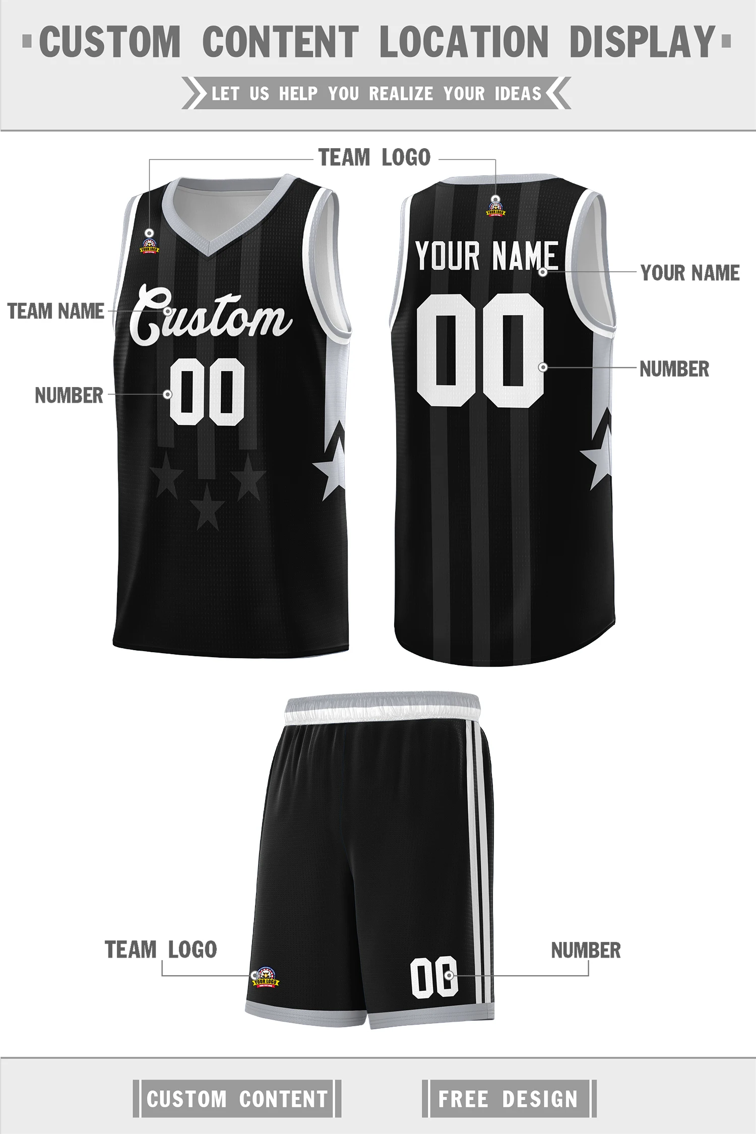 Custom Basketball Jersreys Customized Five Pointed Star Style Breathable Black Gray Basketball Set
Custom Basketball Jersreys Customized Five Pointed Star Style Breathable Black Gray Basketball Set