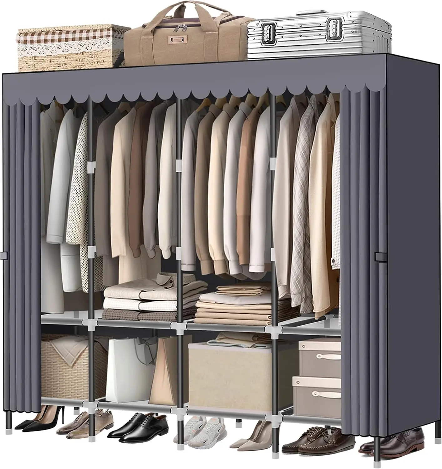 Portable Closet with Zippers, 65.4 Inches Grey Wardrobe for Hanging Clothes, 4 Booms and Storage Cabinets
Portable Closet with Zippers, 65.4 Inches Grey Wardrobe for Hanging Clothes, 4 Booms and Storage Cabinets
