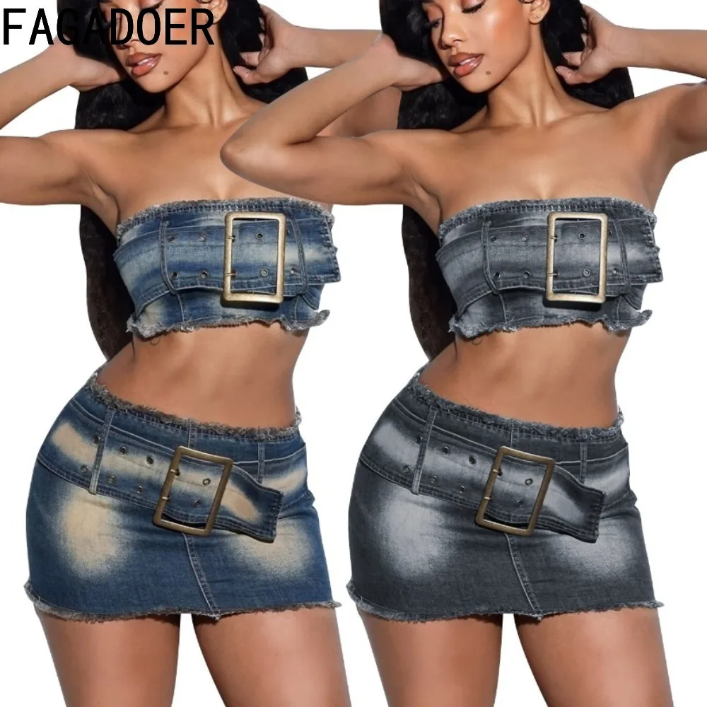 FAGADOER Sexy Retro Denim Belt Elasticity Two Piece Sets Women Sleeveless Backless Tube + Mini Skirts Outfits Fashion Streetwear
FAGADOER Sexy Retro Denim Belt Elasticity Two Piece Sets Women Sleeveless Backless Tube + Mini Skirts Outfits Fashion Streetwear