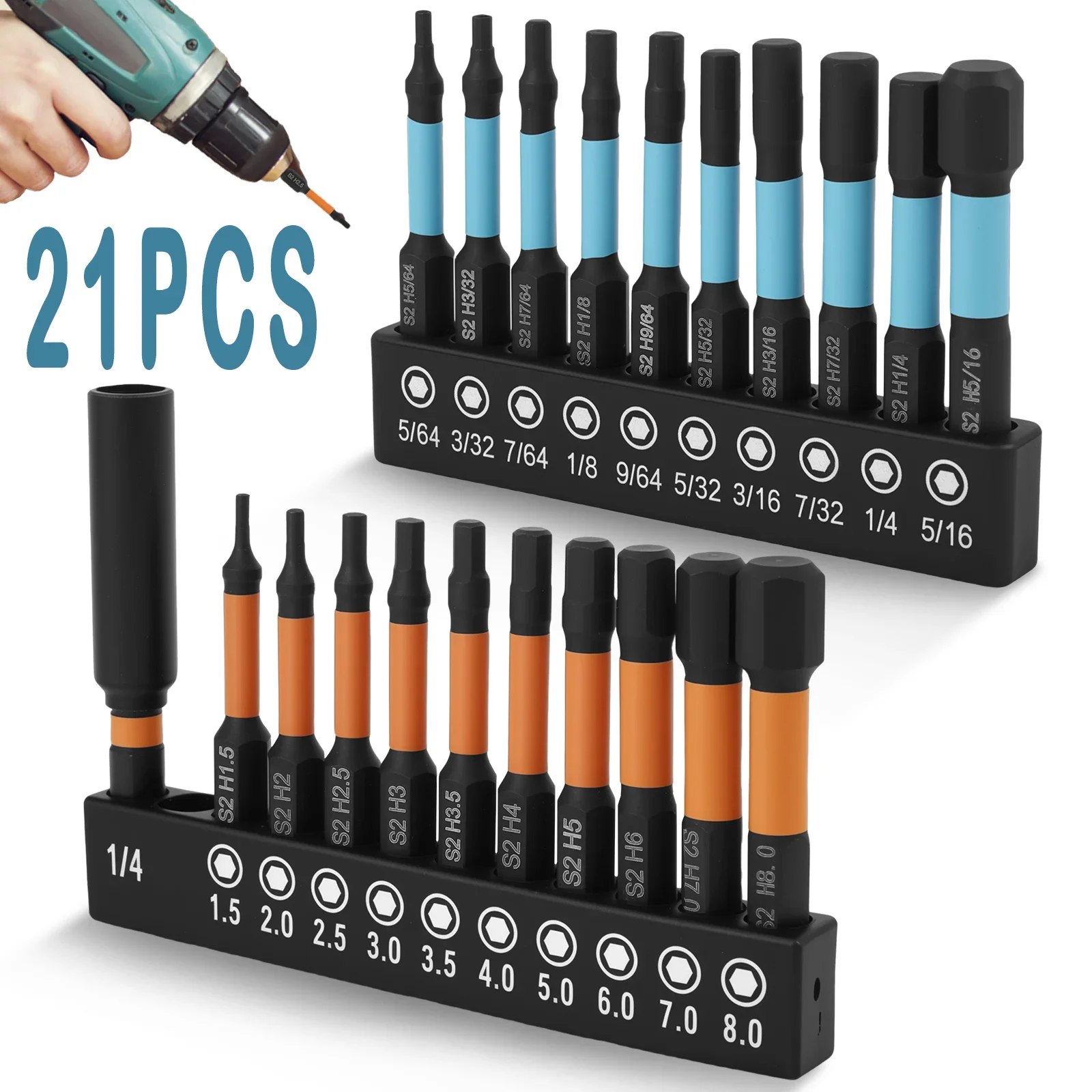 21Pcs 5cm Magnetic Allen Wrench Drill Bit with 1Pc 6cm Sleeve 1/4 "Hex Shank Screwdriver Bit Set Include H1.5-H8 and 5/64"-5/16"
21Pcs 5cm Magnetic Allen Wrench Drill Bit with 1Pc 6cm Sleeve 1/4 "Hex Shank Screwdriver Bit Set Include H1.5-H8 and 5/64"-5/16"