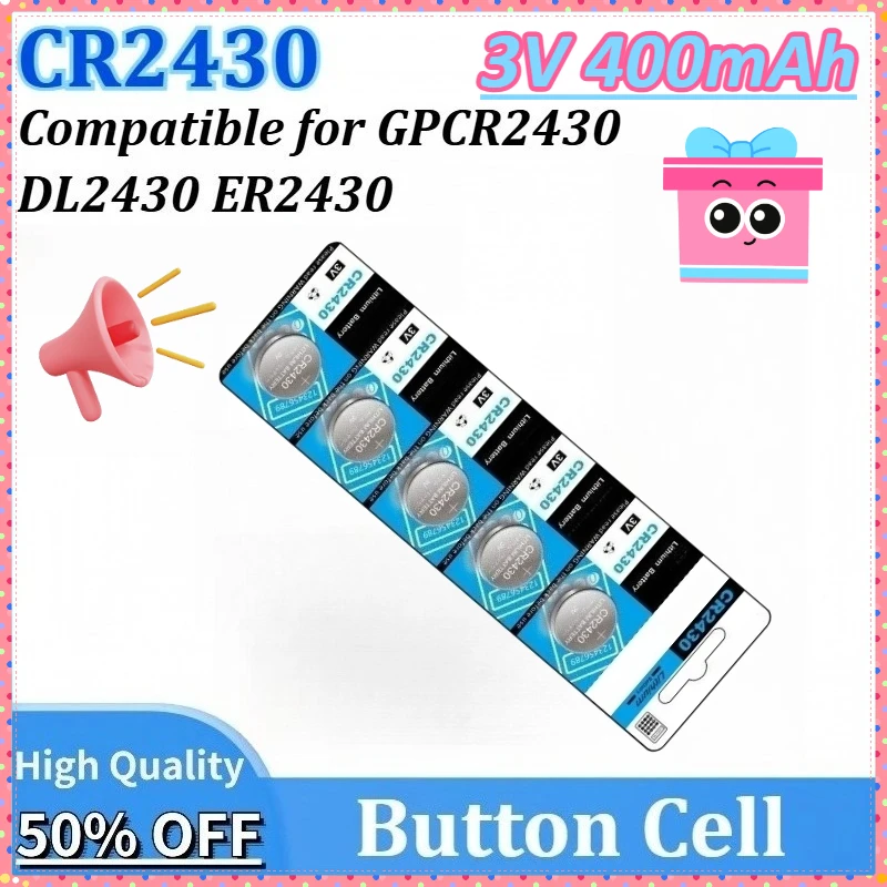 5-100CS 3V 400mAh CR2430 Lithium Battery CR 2430 BR2430 DL2430 Button Coin Battery for Clock Remote Control Key Fob Watch Alarm
5-100CS 3V 400mAh CR2430 Lithium Battery CR 2430 BR2430 DL2430 Button Coin Battery for Clock Remote Control Key Fob Watch Alarm