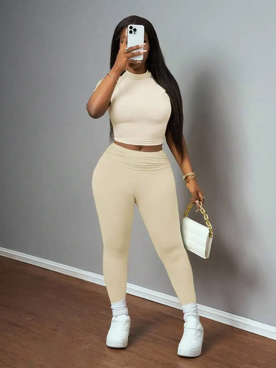 Beige Ruched Crop Top And High-Waist Leggings Two-Piece Set For Casual, Festival, Lounge, Streetwear, Travel, Daily Use
Beige Ruched Crop Top And High-Waist Leggings Two-Piece Set For Casual, Festival, Lounge, Streetwear, Travel, Daily Use