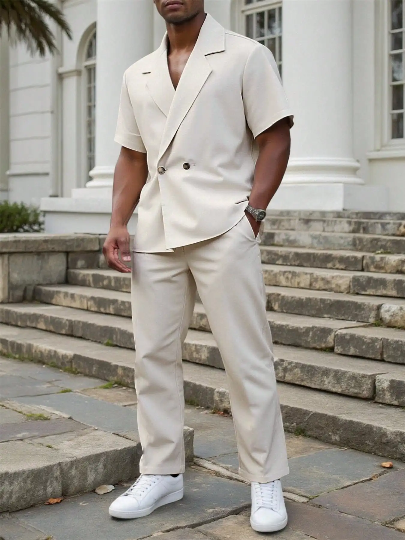 Men's Loose Short Sleeve Double Breasted Suit Set Casual Solid Color
Men's Loose Short Sleeve Double Breasted Suit Set Casual Solid Color
