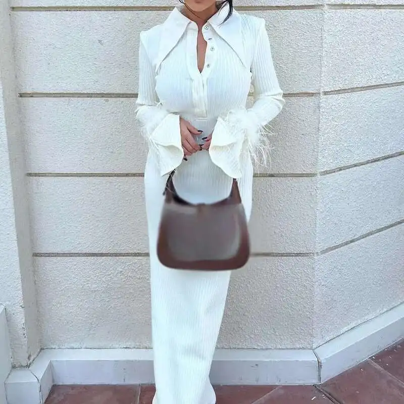 Женская мода, однотонная рубашка с перьями, осеннее повседневное вечернее платье с рукавами, женские сексуальные длинные платья с отложным воротником
Женская мода, однотонная рубашка с перьями, осеннее повседневное вечернее платье с рукавами, женские сексуальные длинные платья с отложным воротником