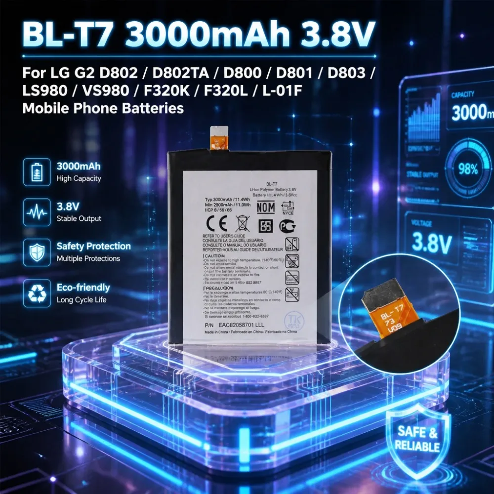 BL-T7 Battery 3000mAh For LG G2 Series D802 D800 D801 D803 LS980 VS980 F320K L-01F High Capacity Replacement Battery With Repair
BL-T7 Battery 3000mAh For LG G2 Series D802 D800 D801 D803 LS980 VS980 F320K L-01F High Capacity Replacement Battery With Repair