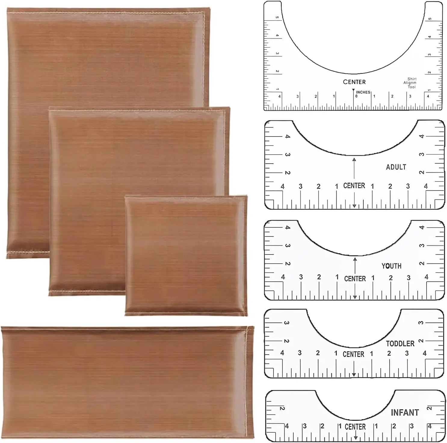 9 Pack Heat Press Pillow Mat Kits - 4 Size Teflon Heat Pressing Transfer Pillows with 5 Size Tshirt Ruler Guide for Vinyl Alignment
9 Pack Heat Press Pillow Mat Kits - 4 Size Teflon Heat Pressing Transfer Pillows with 5 Size Tshirt Ruler Guide for Vinyl Alignment