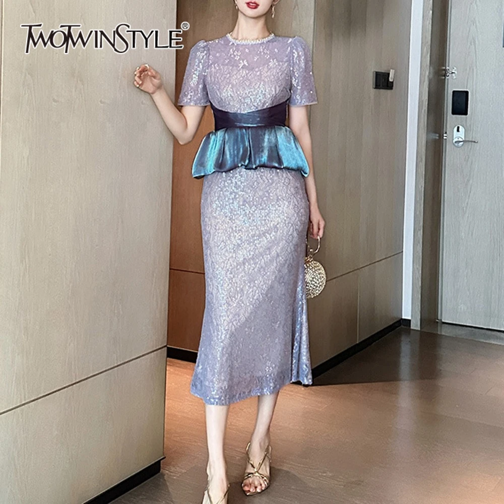 TWOTWINSTYLE Hit Color Slimming Spliced Sequins Sexy Dresses for Women O Neck Short Sleeves Patchwork Ruffles Dress Female New
TWOTWINSTYLE Hit Color Slimming Spliced Sequins Sexy Dresses for Women O Neck Short Sleeves Patchwork Ruffles Dress Female New