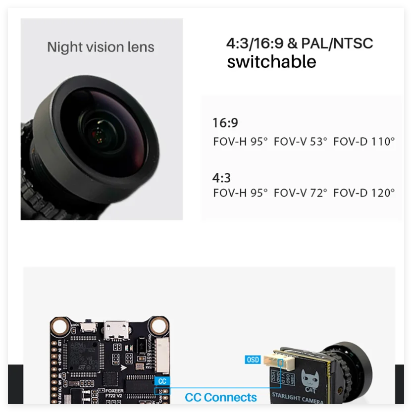 FOXEER CAT 4 FPV Camera Micro/Mini Camera 1/3 CMOS HD 4:3/16:9 PAL/NTSC Switchable with OSD 100dB WDR 1200TVL RC Racing Drone
FOXEER CAT 4 FPV Camera Micro/Mini Camera 1/3 CMOS HD 4:3/16:9 PAL/NTSC Switchable with OSD 100dB WDR 1200TVL RC Racing Drone