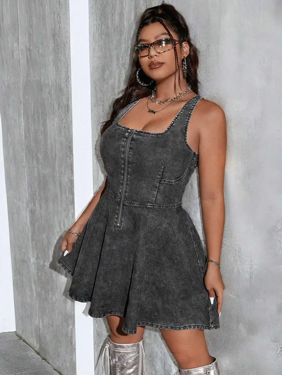 Grey Stretch Denim Dress Sleeveless Zip Front Flared Skirt Streetwear Women
Grey Stretch Denim Dress Sleeveless Zip Front Flared Skirt Streetwear Women