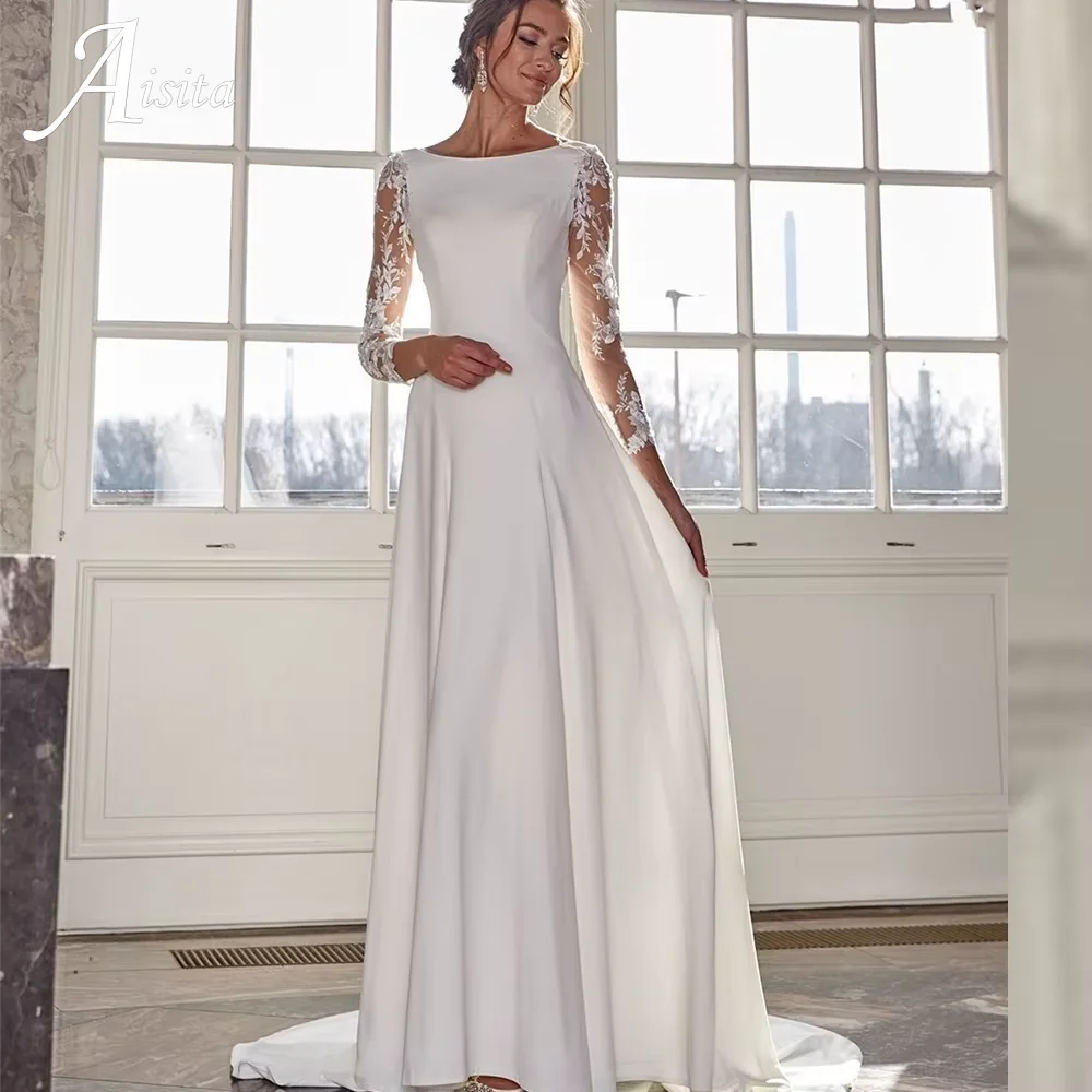 Customized Simple Long Sleeve Wedding Dress Floor Length A-Line Robe De Mariee Satin Bride Long Wedding Gowns For Women 2025
Customized Simple Long Sleeve Wedding Dress Floor Length A-Line Robe De Mariee Satin Bride Long Wedding Gowns For Women 2025