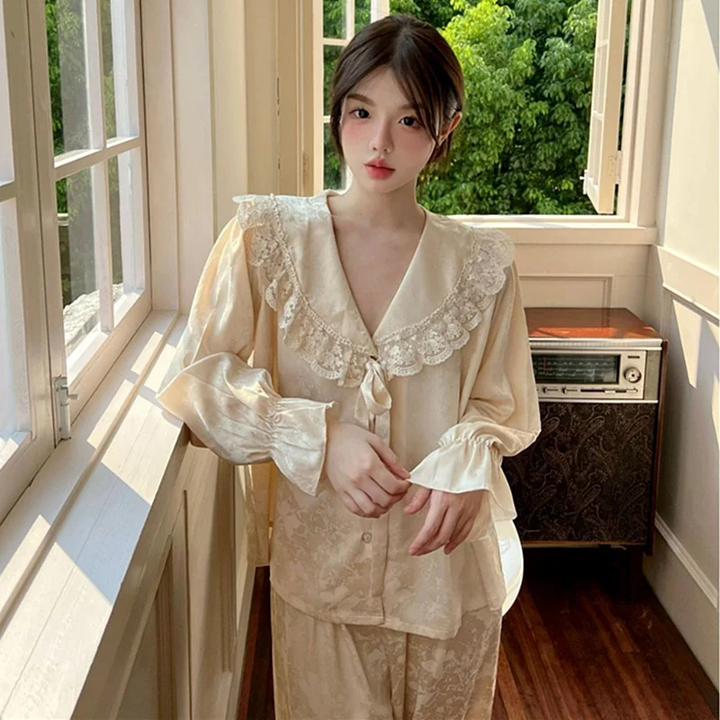 Fashion Lapel Shirt Pant Set Sweet Princess Pajamas Long Sleeve Nightwear Home Clothes For Women High End Ladies Pijama Suit
Fashion Lapel Shirt Pant Set Sweet Princess Pajamas Long Sleeve Nightwear Home Clothes For Women High End Ladies Pijama Suit