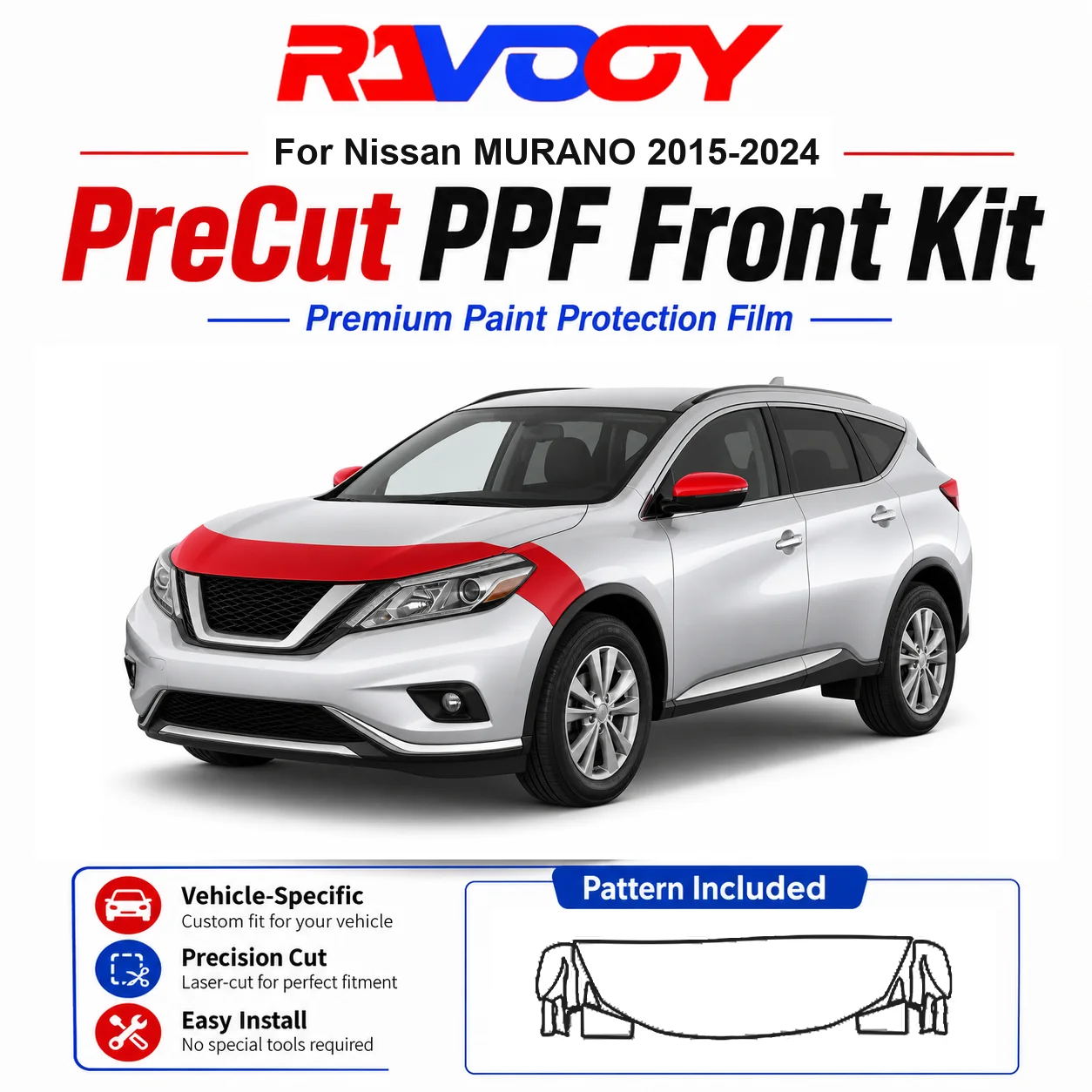 8.5mil TPU Precut PPF Kit For Nissan MURANO 2015-2024 - Hood, Fenders & Mirror Set - Self-Healing Clear Bra Film
8.5mil TPU Precut PPF Kit For Nissan MURANO 2015-2024 - Hood, Fenders & Mirror Set - Self-Healing Clear Bra Film