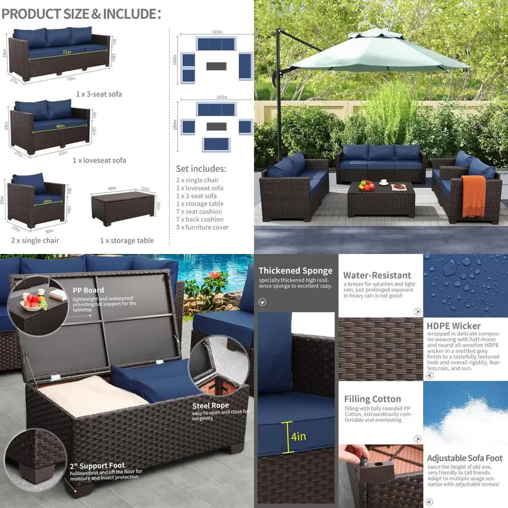 5-Piece Outdoor Patio Furniture Set with Storage, Navy Blue Cushions and Waterproof Covers
5-Piece Outdoor Patio Furniture Set with Storage, Navy Blue Cushions and Waterproof Covers