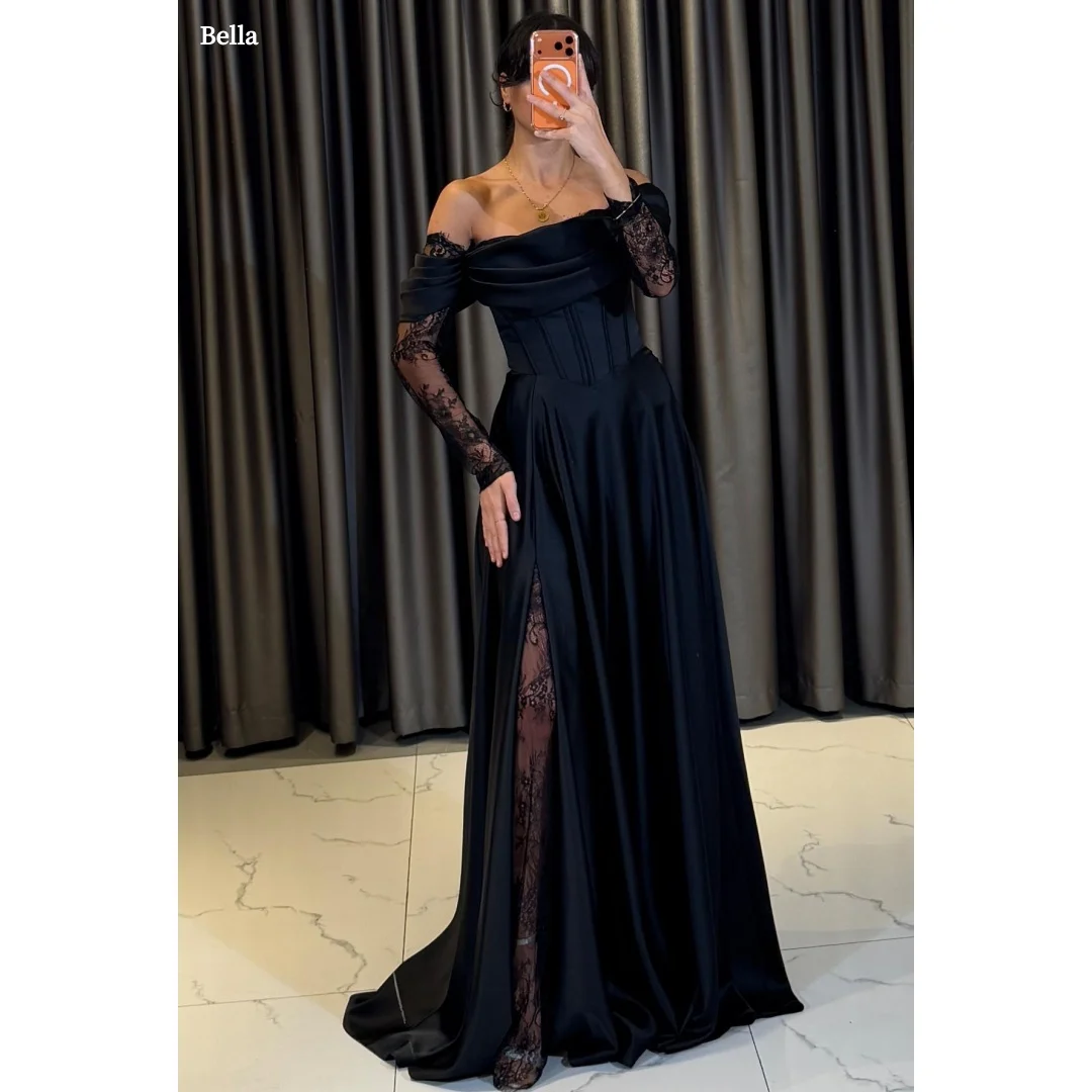 Bella Customized Off Shoulder Lace High Sleeve Prom Dress Sweep Train A-line vestidos de noche Graduation Formal Evening Party
Bella Customized Off Shoulder Lace High Sleeve Prom Dress Sweep Train A-line vestidos de noche Graduation Formal Evening Party