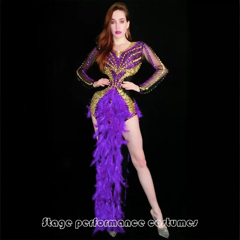 Performance Stage Clothing Dazzling Diamonds Tight-fitting Sexy One-piece Stage PurpleSequins Feather Slit Long Dress
Performance Stage Clothing Dazzling Diamonds Tight-fitting Sexy One-piece Stage PurpleSequins Feather Slit Long Dress