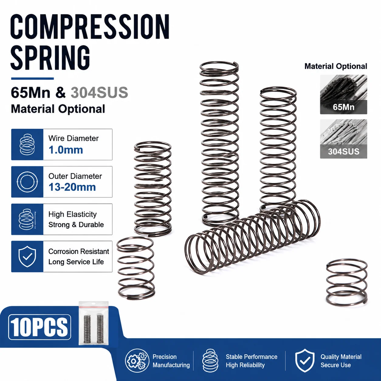 10pcs high elasticity compression spring 304SUS/65MN WD1.0mm OD5-12mm Length10-100mm shock-absorbing buffer spring
10pcs high elasticity compression spring 304SUS/65MN WD1.0mm OD5-12mm Length10-100mm shock-absorbing buffer spring