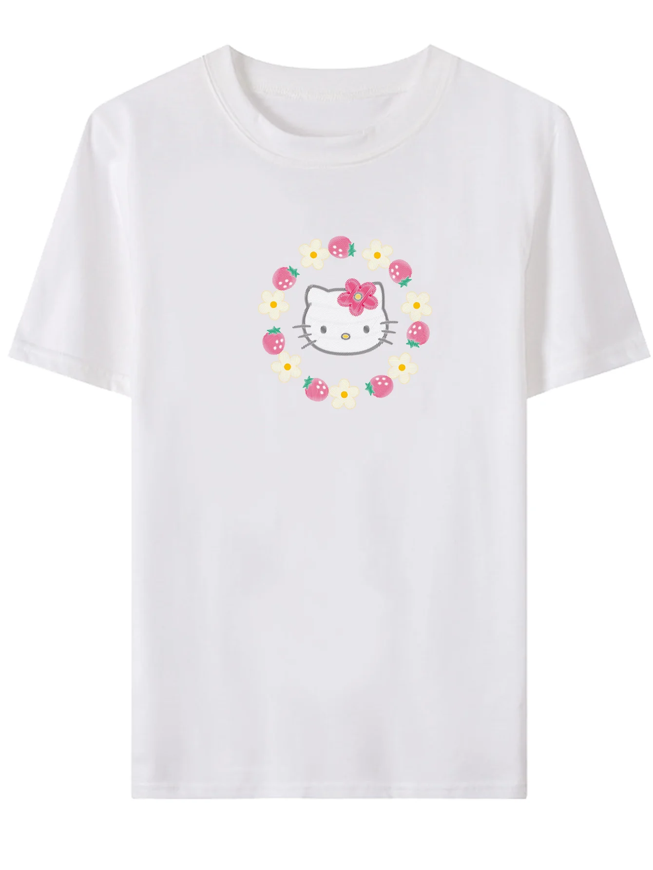 1 шт. женский венок Hello Kitty, белая повседневная футболка с круглым вырезом и коротким рукавом с имитацией вышивки и принтом
1 шт. женский венок Hello Kitty, белая повседневная футболка с круглым вырезом и коротким рукавом с имитацией вышивки и принтом