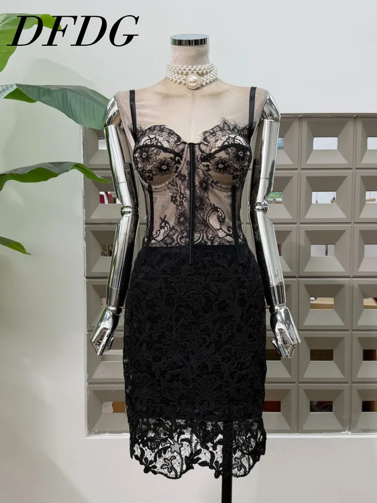DFDG Women's Spring Summer Black Lace Mesh Cami Dress Set Sleeveless Sheer Bodycon Mini Set Clubwear 2025 Trendy Feminine Set
DFDG Women's Spring Summer Black Lace Mesh Cami Dress Set Sleeveless Sheer Bodycon Mini Set Clubwear 2025 Trendy Feminine Set