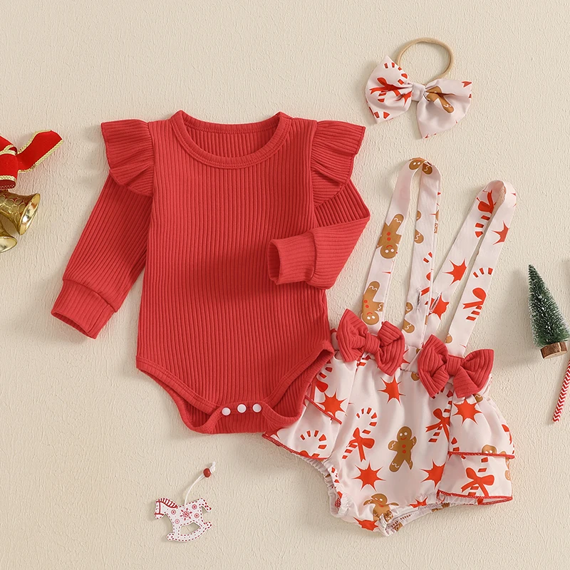 Christmas Baby Girls Clothes Long Sleeves Romper and Gingerbread Print Overalls Shorts Cute Headband 3 Pieces Set
Christmas Baby Girls Clothes Long Sleeves Romper and Gingerbread Print Overalls Shorts Cute Headband 3 Pieces Set