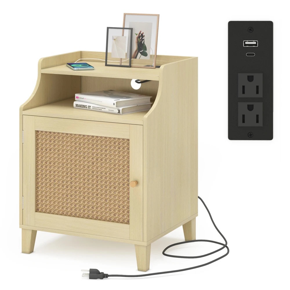 Farmhouse Nightstand with Charging Station Bedside Table with Rattan Door&Adjustable Shelf,
Farmhouse Nightstand with Charging Station Bedside Table with Rattan Door&Adjustable Shelf,