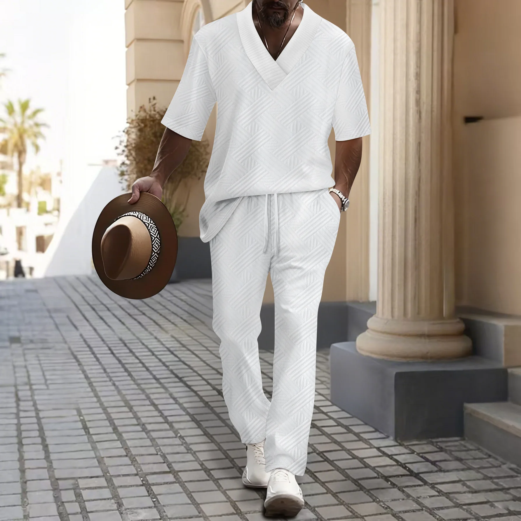 Европейские и американские мужские повседневные брюки с короткими рукавами и длинными брюками, однотонный универсальный жаккардовый летний комплект с куриным сердечком 
Европейские и американские мужские повседневные брюки с короткими рукавами и длинными брюками, однотонный универсальный жаккардовый летний комплект с куриным сердечком